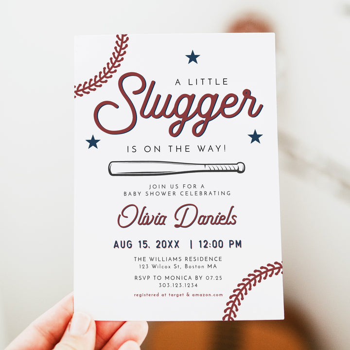 BARRY Little Slugger On The Way Baby Boy Baseball Baby Shower Invitation