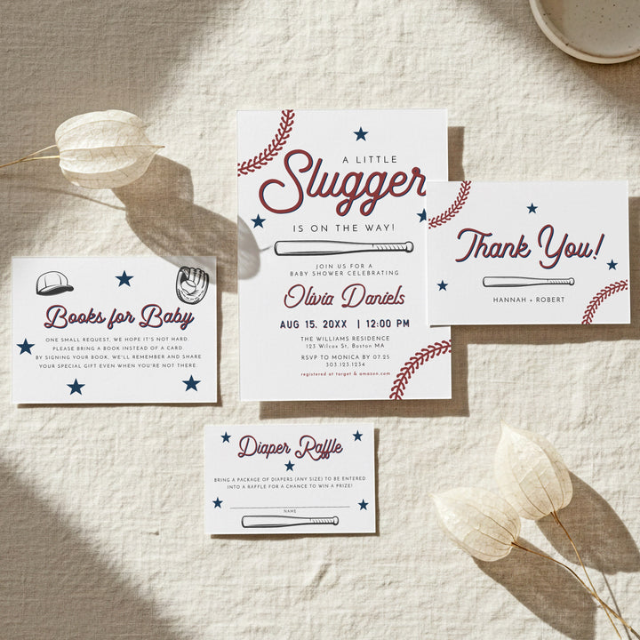 BARRY Little Slugger Baby Boy Baseball Baby Shower Invitation Suite