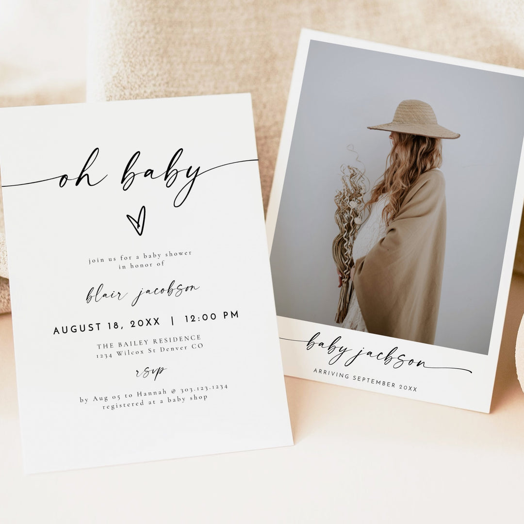 BLAIR Oh Baby Black & White Modern Minimalist Baby Shower Invitation Bundle