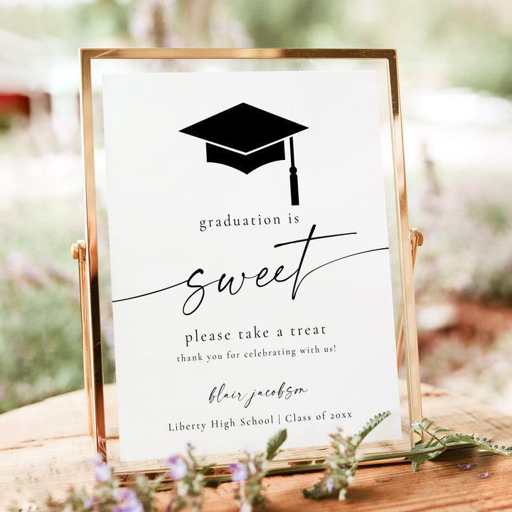 BLAIR Black & White Graduation is Sweet Minimalist Graduation Dessert Table Sign Unframed
