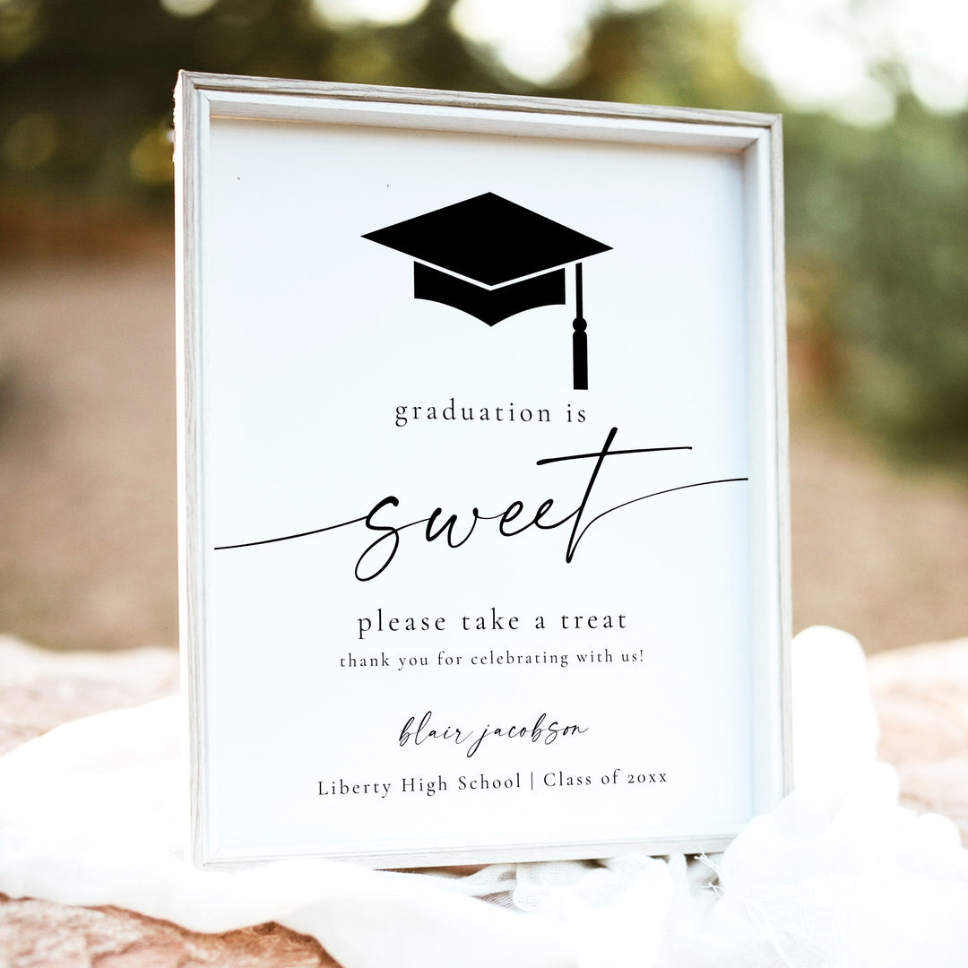 BLAIR Black & White Graduation is Sweet Minimalist Graduation Dessert Table Sign Unframed