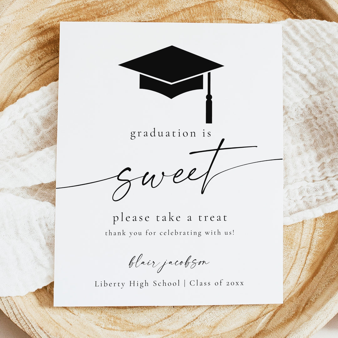 BLAIR Black & White Graduation is Sweet Minimalist Graduation Dessert Table Sign Unframed
