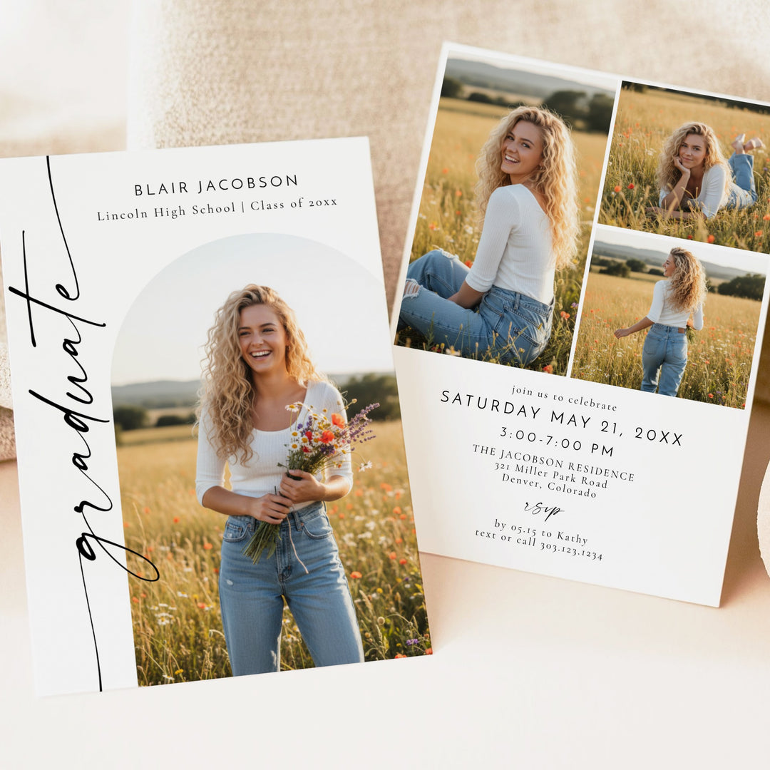BLAIR Minimalist Black & White Photo Graduation Party Invitation