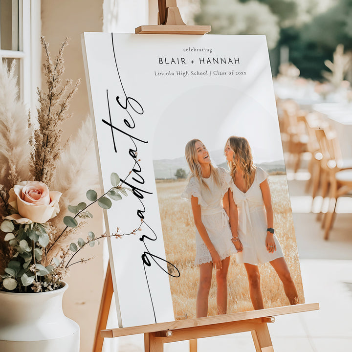 BLAIR Black & White Minimalist Joint Graduation Party Welcome Sign with Photo