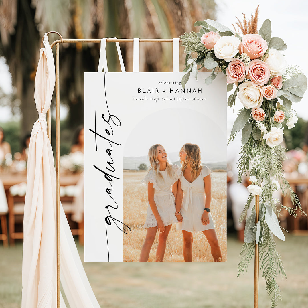 BLAIR Black & White Minimalist Joint Graduation Party Welcome Sign with Photo