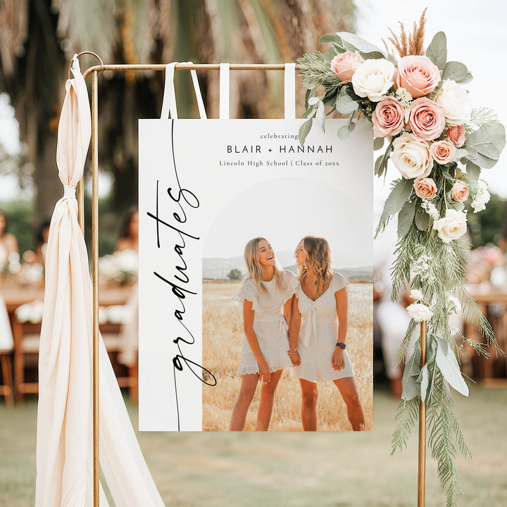 BLAIR Black & White Minimalist Joint Graduation Party Welcome Sign with Photo