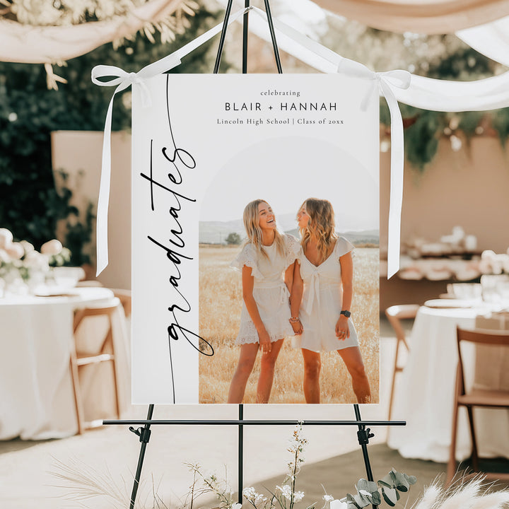 BLAIR Black & White Minimalist Joint Graduation Party Welcome Sign with Photo