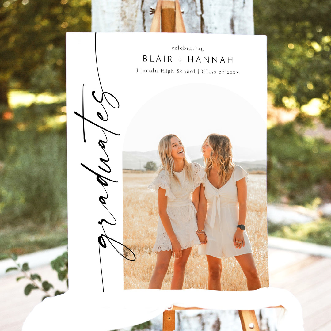 BLAIR Black & White Minimalist Joint Graduation Party Welcome Sign with Photo