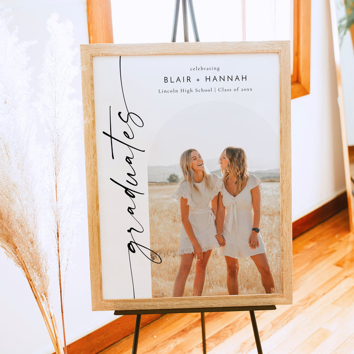 BLAIR Black & White Minimalist Joint Graduation Party Welcome Sign with Photo