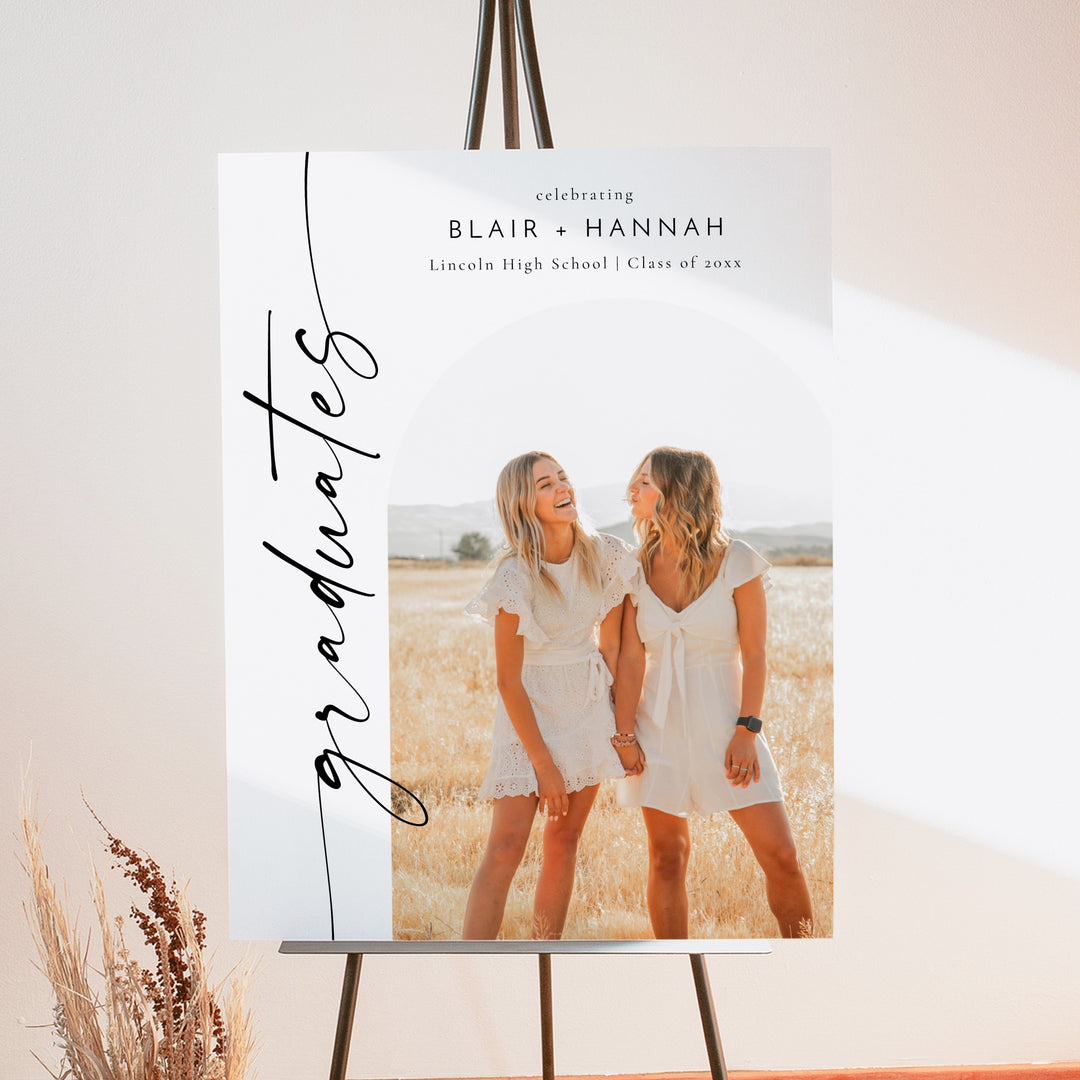 BLAIR Black & White Minimalist Joint Graduation Party Welcome Sign with Photo