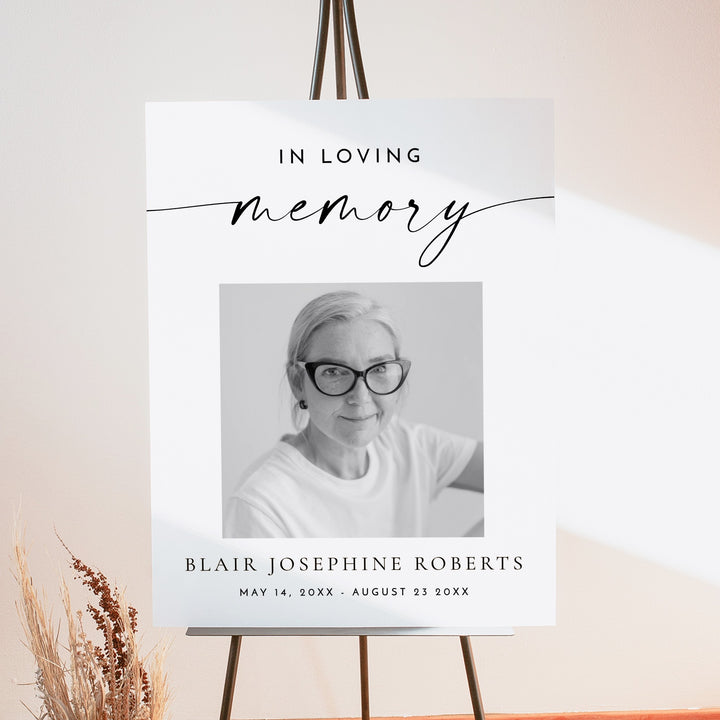 BLAIR In Loving Memory Black & White Minimalist Memorial Funeral Welcome Sign