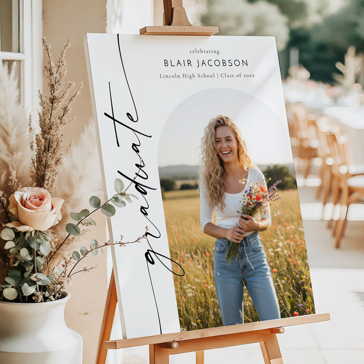 BLAIR Black & White Minimalist Graduation Party Welcome Sign with Photo