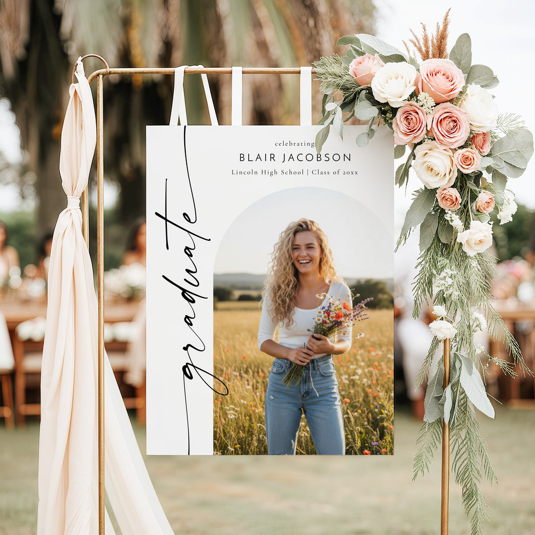 BLAIR Black & White Minimalist Graduation Party Welcome Sign with Photo