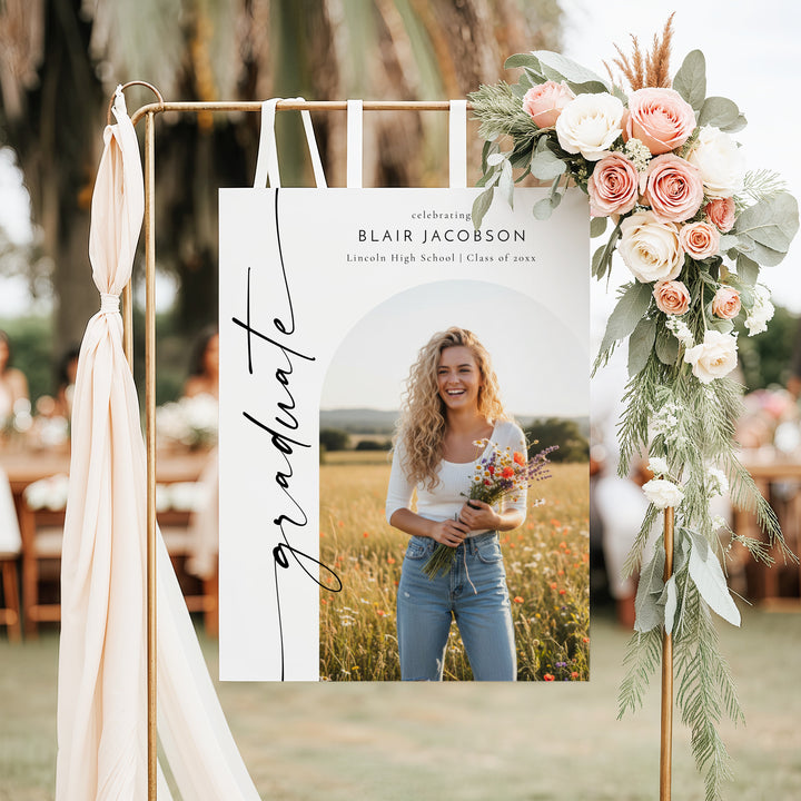 BLAIR Black & White Minimalist Graduation Party Welcome Sign with Photo