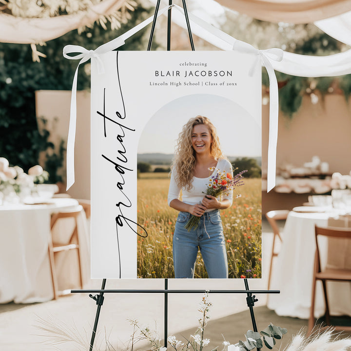 BLAIR Black & White Minimalist Graduation Party Welcome Sign with Photo