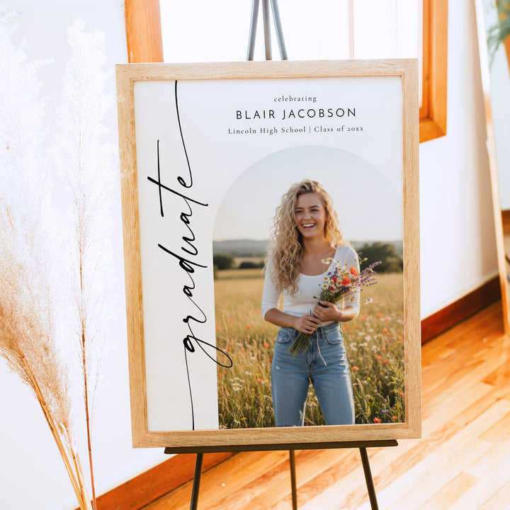 BLAIR Black & White Minimalist Graduation Party Welcome Sign with Photo