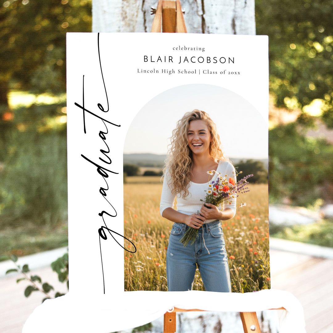 BLAIR Black & White Minimalist Graduation Party Welcome Sign with Photo