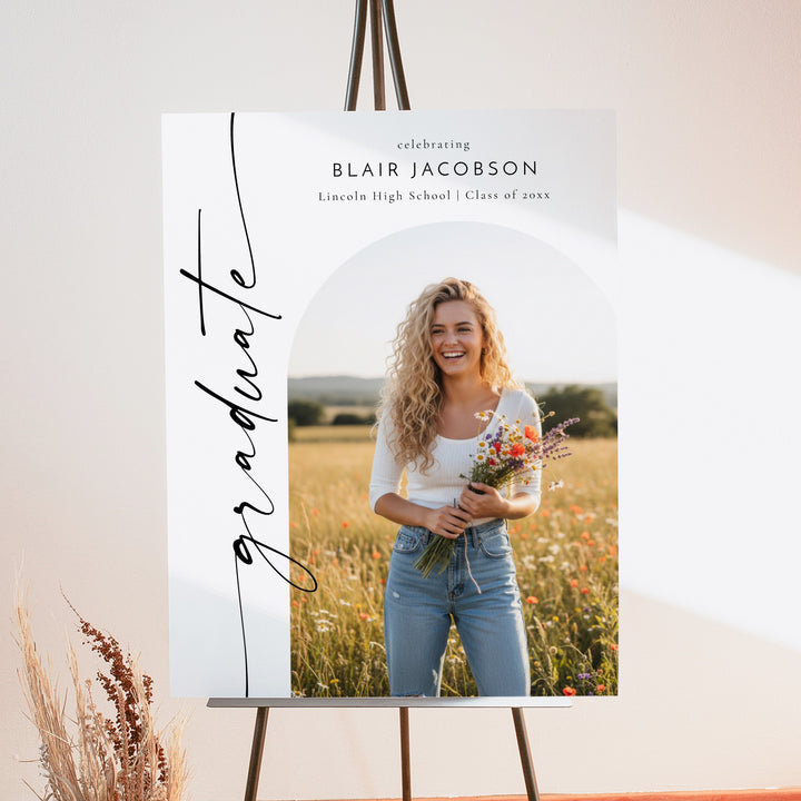 BLAIR Black & White Minimalist Graduation Party Welcome Sign with Photo