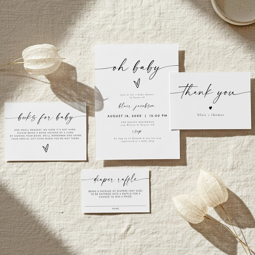 BLAIR Oh Baby Black & White Modern Minimalist Baby Shower Invitation Bundle
