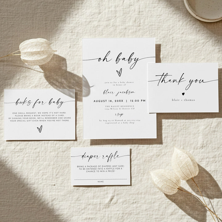 BLAIR Oh Baby Black & White Modern Minimalist Baby Shower Invitation Bundle