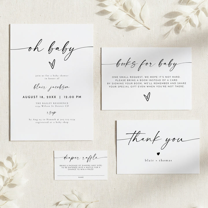 BLAIR Oh Baby Black & White Modern Minimalist Baby Shower Invitation Bundle