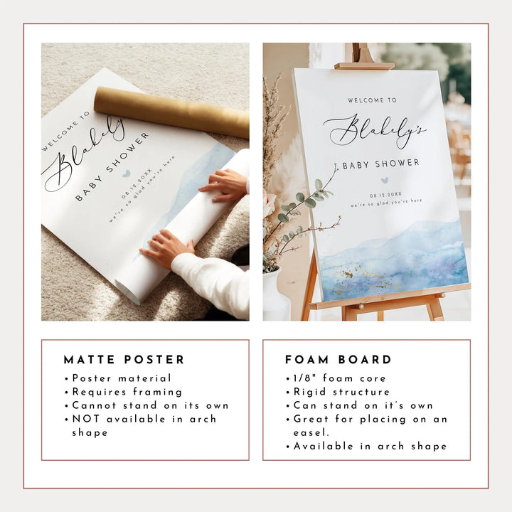 BLAKELY Blue Watercolor & Gold Baby Shower Welcome Sign