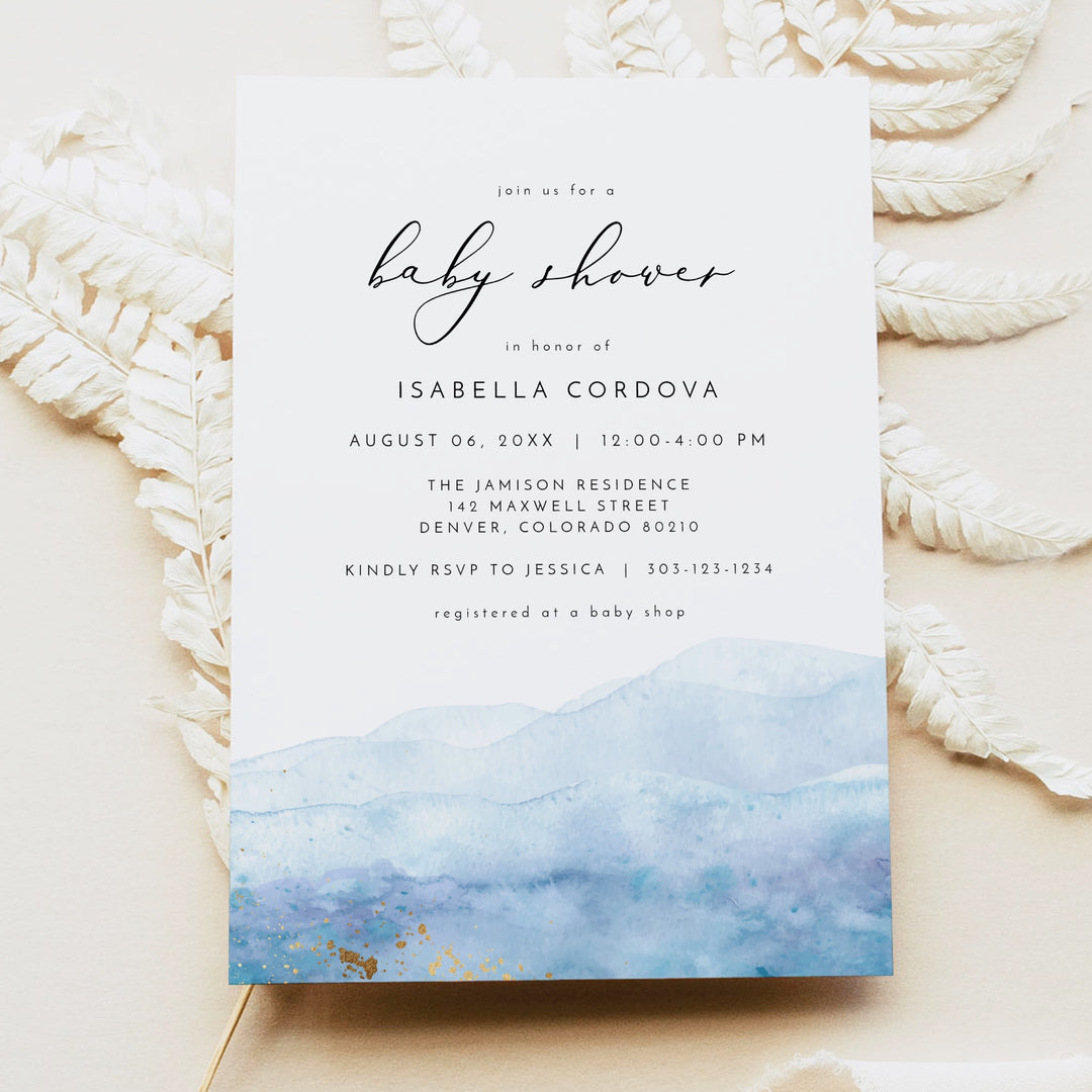 BLAKELY Blue Watercolor & Gold Elegant Baby Shower Invitation Suite