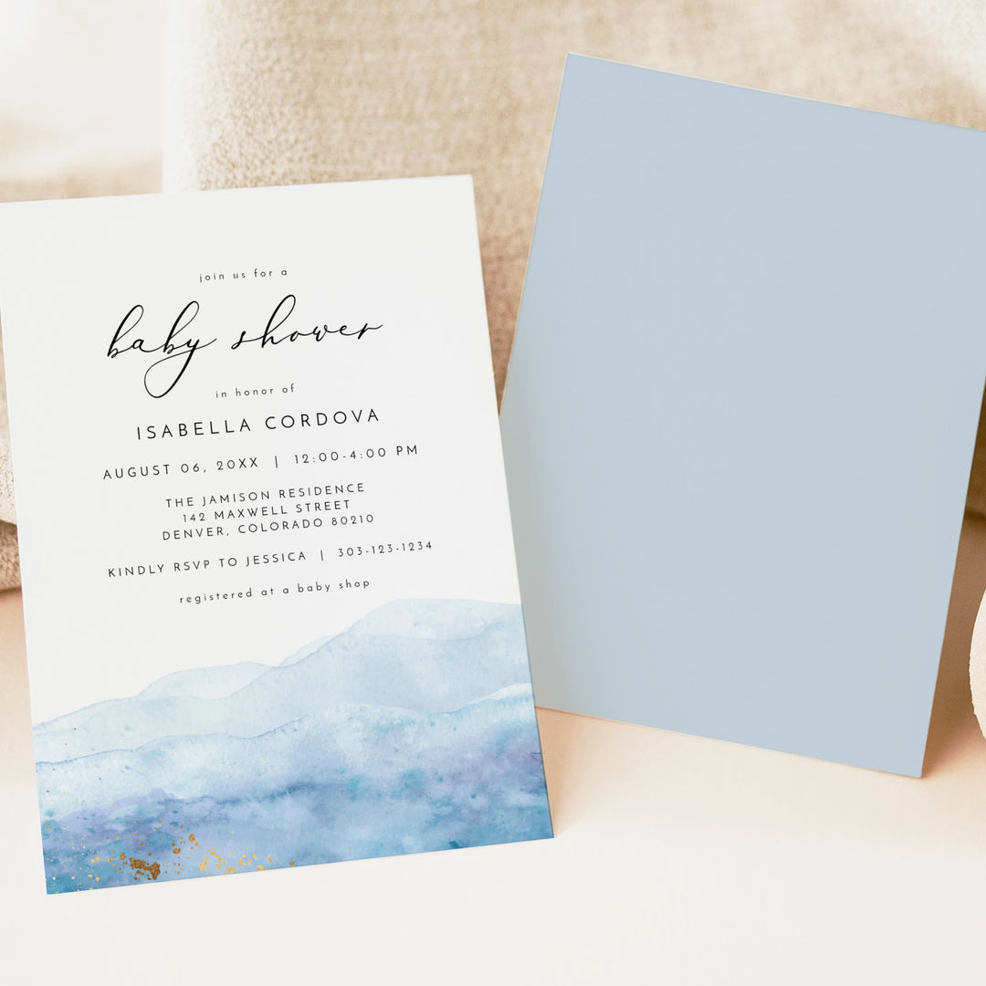BLAKELY Blue Watercolor & Gold Elegant Baby Shower Invitation Suite