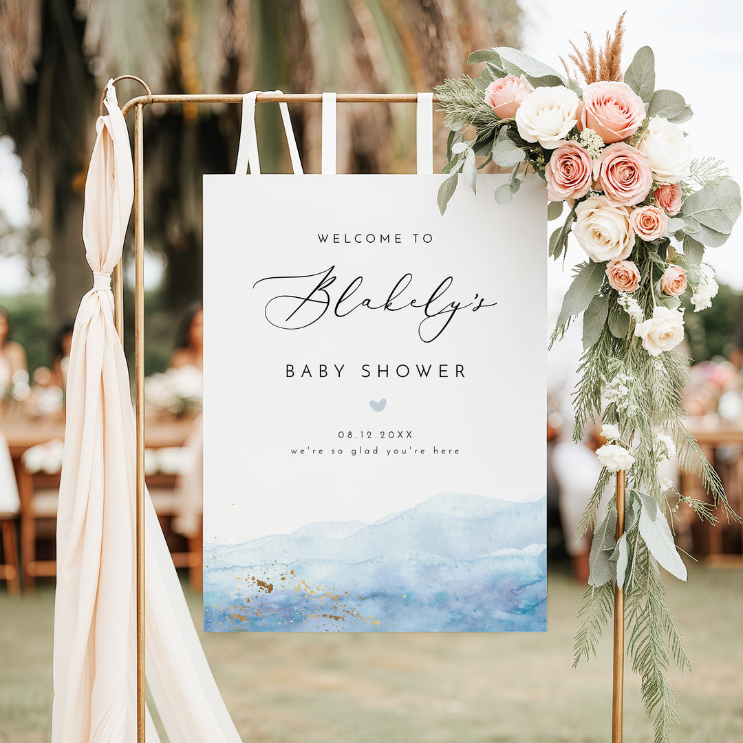 BLAKELY Blue Watercolor & Gold Baby Shower Welcome Sign
