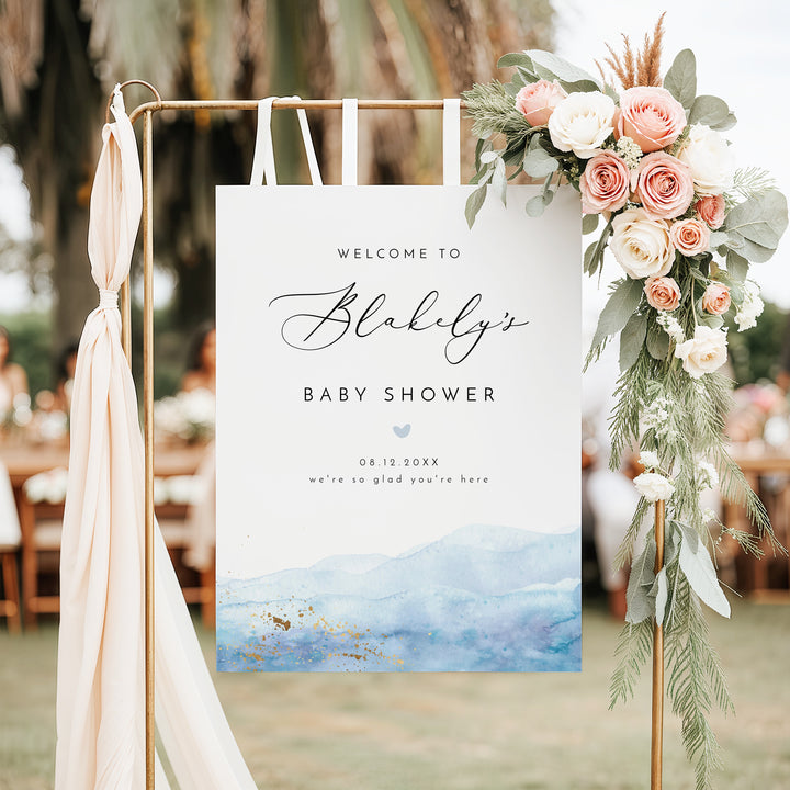 BLAKELY Blue Watercolor & Gold Baby Shower Welcome Sign