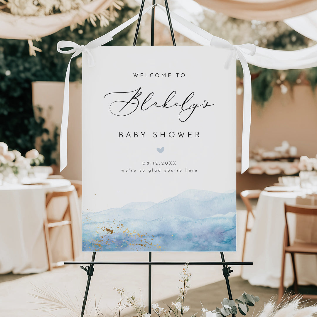 BLAKELY Blue Watercolor & Gold Baby Shower Welcome Sign