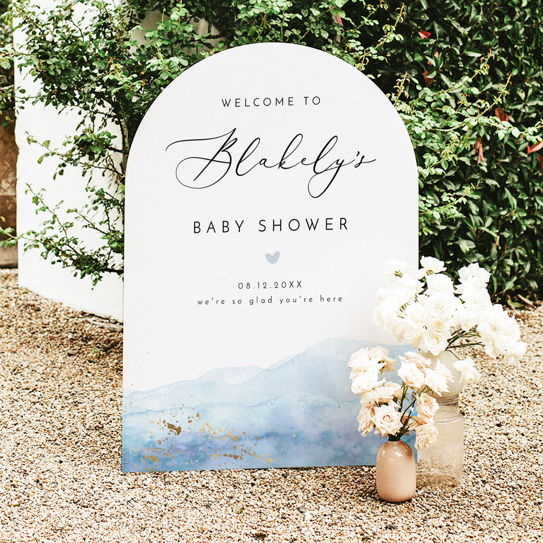BLAKELY Blue Watercolor & Gold Baby Shower Welcome Sign