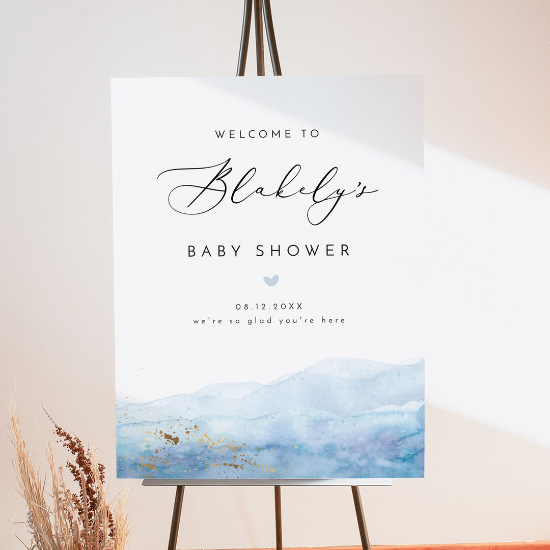 BLAKELY Blue Watercolor & Gold Baby Shower Welcome Sign