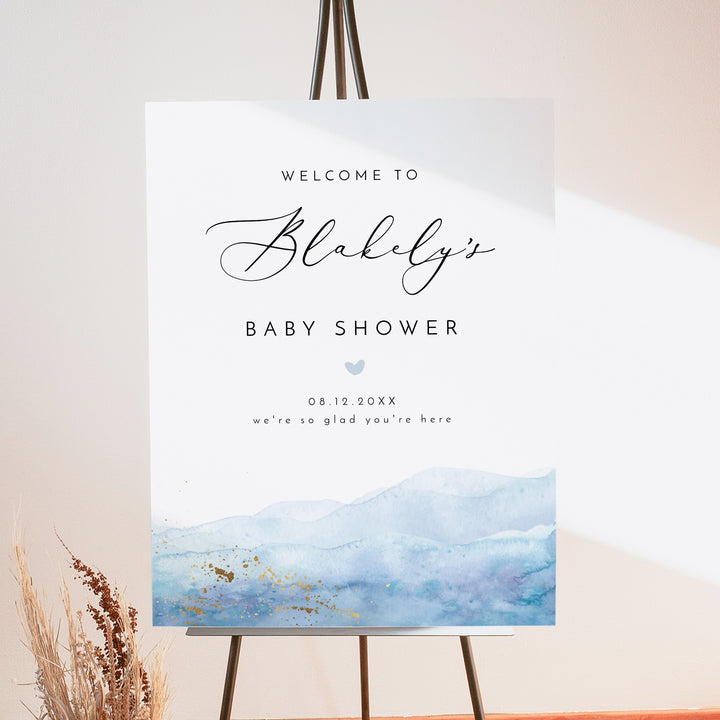 BLAKELY Blue Watercolor & Gold Baby Shower Welcome Sign