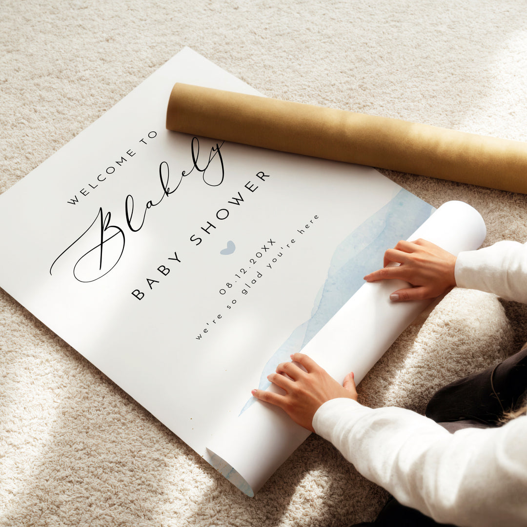 BLAKELY Blue Watercolor & Gold Baby Shower Welcome Sign