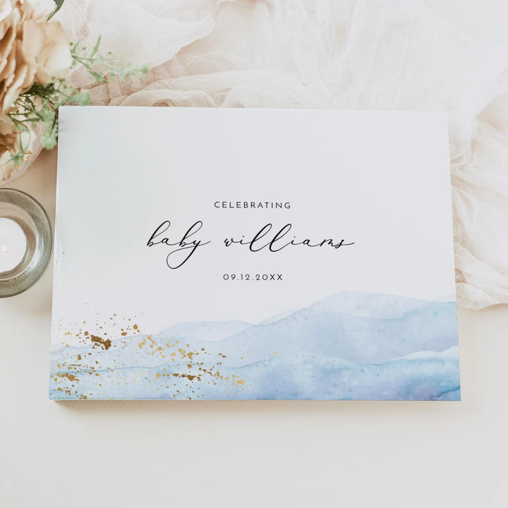 BLAKELY Blue Watercolor & Gold Baby Shower Guestbook Keepsake