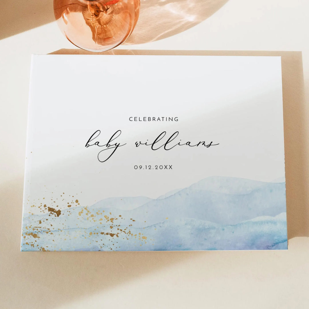 BLAKELY Blue Watercolor & Gold Baby Shower Guestbook Keepsake