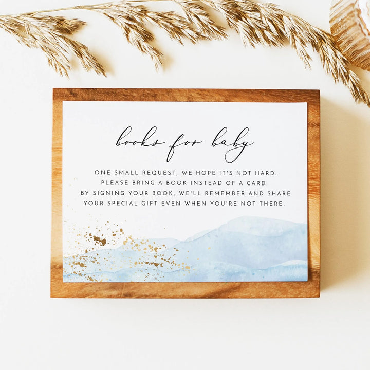 BLAKELY Blue Watercolor & Gold Baby Shower Books for Baby Invitation Insert