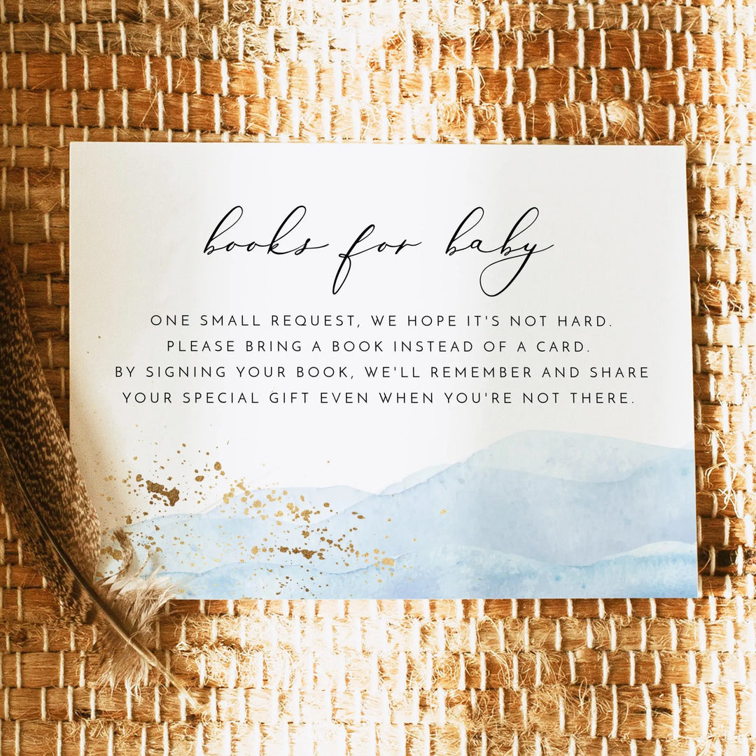 BLAKELY Blue Watercolor & Gold Baby Shower Books for Baby Invitation Insert