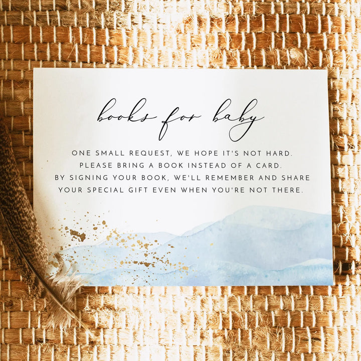 BLAKELY Blue Watercolor & Gold Baby Shower Books for Baby Invitation Insert