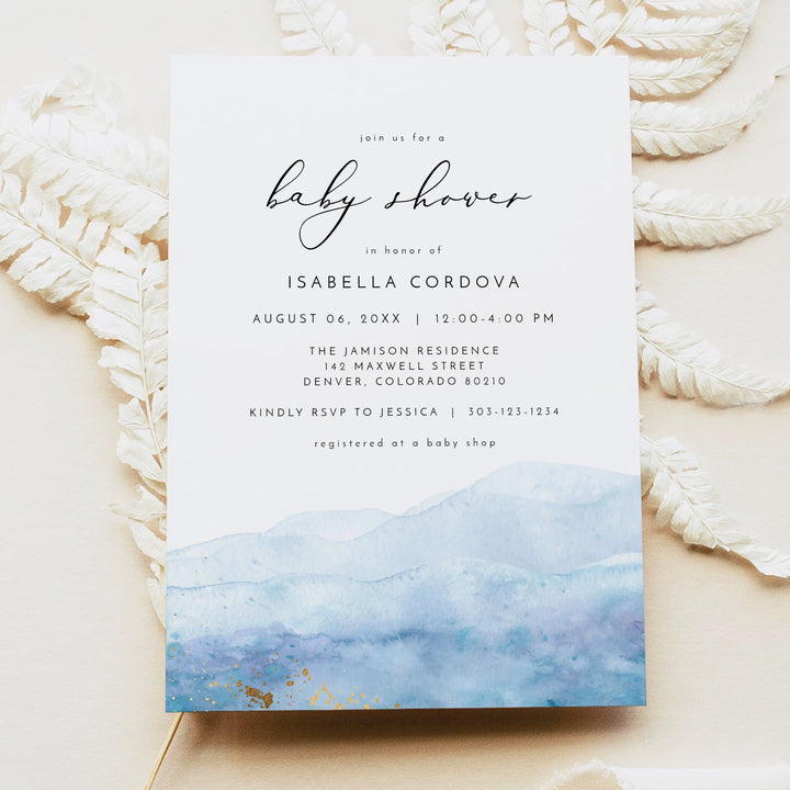 Blue Watercolor Blue Watercolor & Gold Baby Shower Invitation