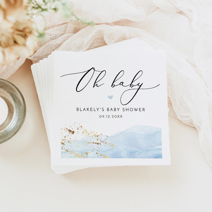 BLAKELY Oh Baby Blue Watercolor Baby Shower Napkins Personalized