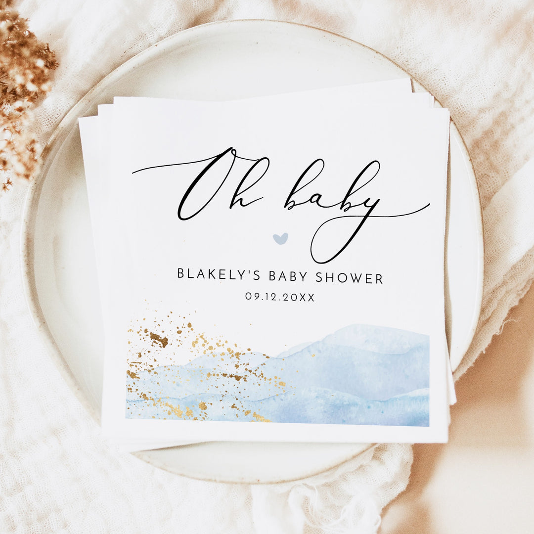 BLAKELY Oh Baby Blue Watercolor Baby Shower Napkins Personalized
