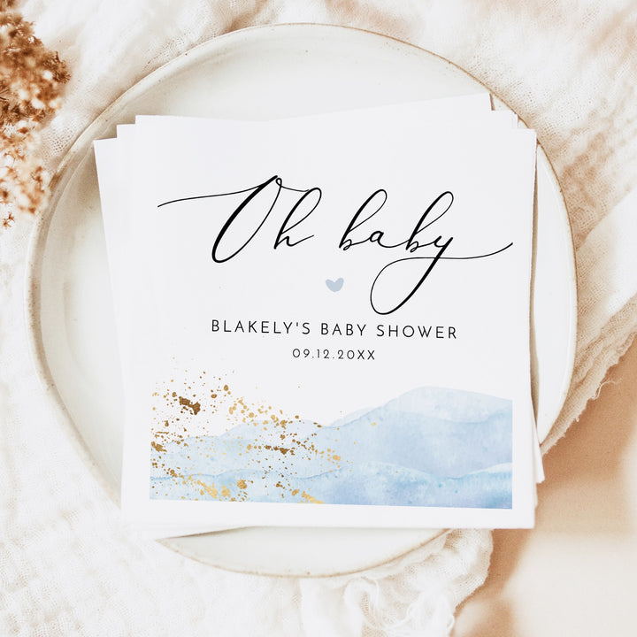BLAKELY Oh Baby Blue Watercolor Baby Shower Napkins Personalized