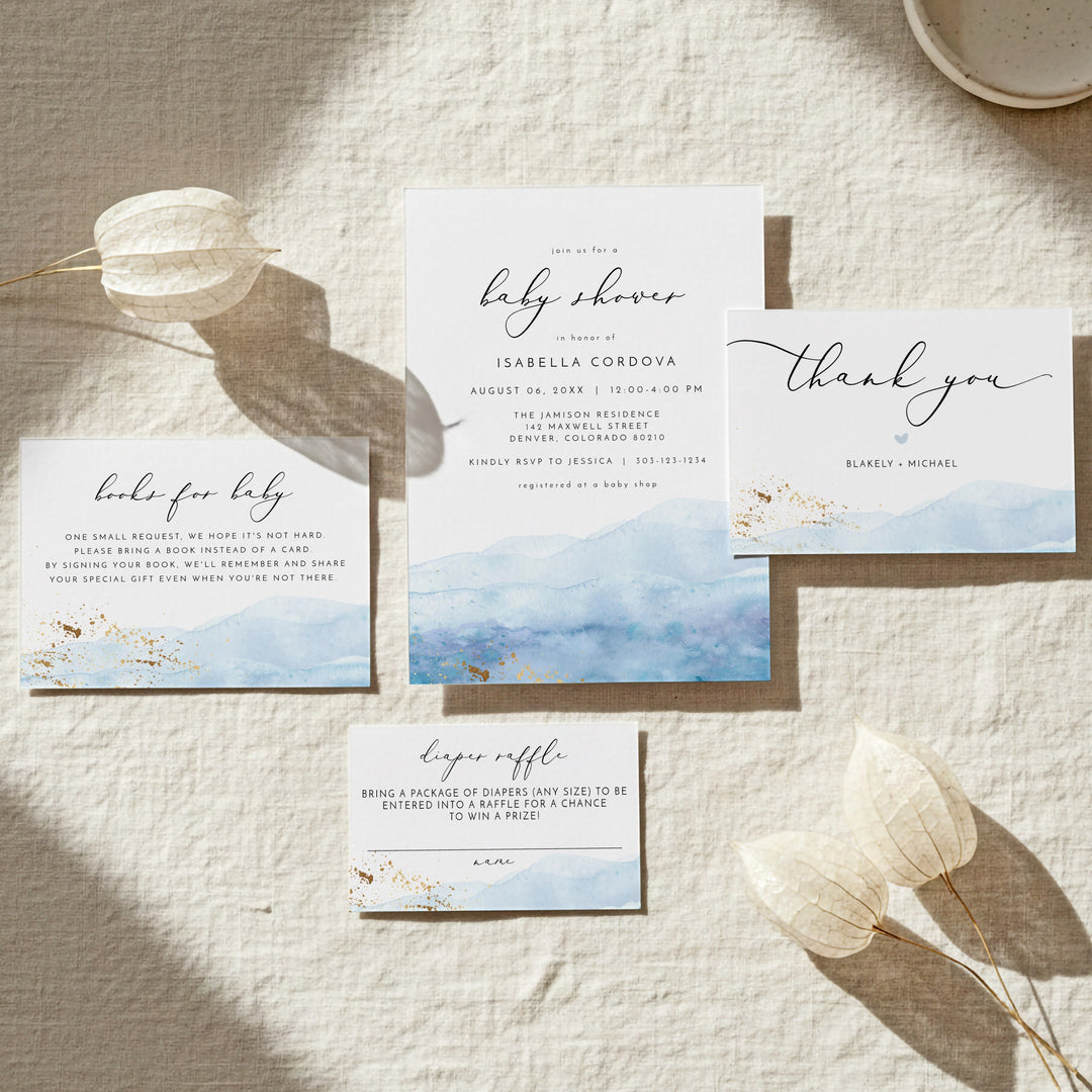 BLAKELY Blue Watercolor & Gold Elegant Baby Shower Invitation Suite