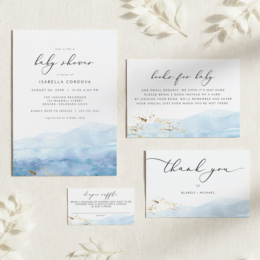 BLAKELY Blue Watercolor & Gold Elegant Baby Shower Invitation Suite