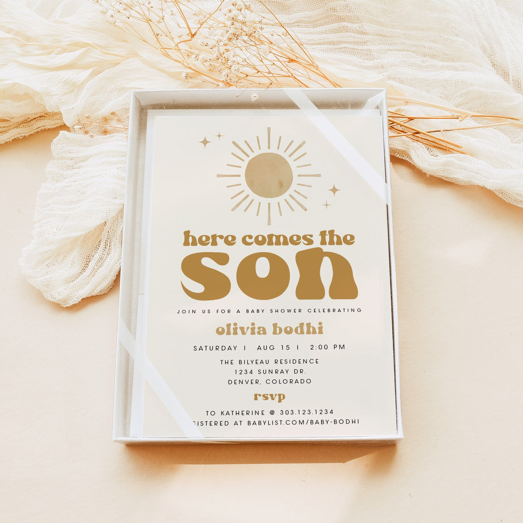 BODHI Here Comes the Son Retro Boho Baby Shower Invitation Suite