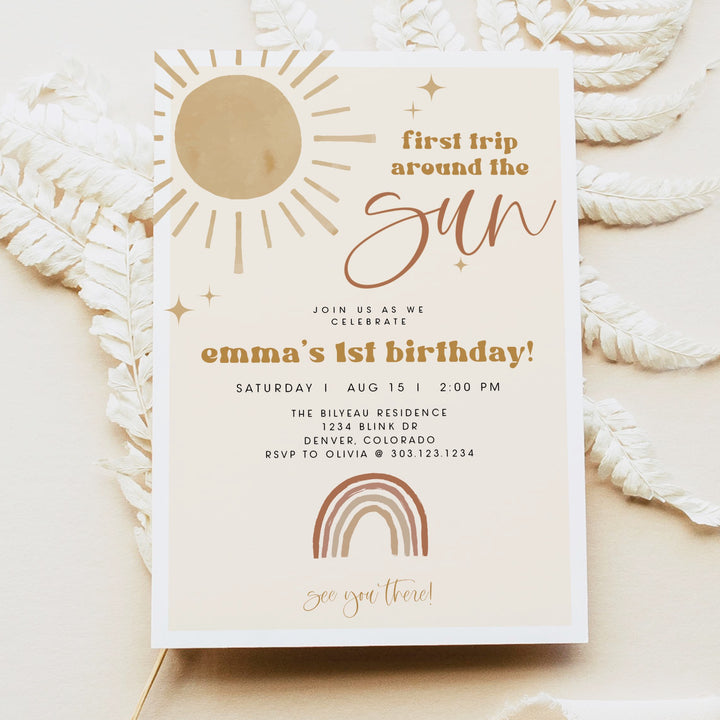 BODHI First Trip Around the Sun Boho Sunshine & Rainbow First Birthday Party Invitation