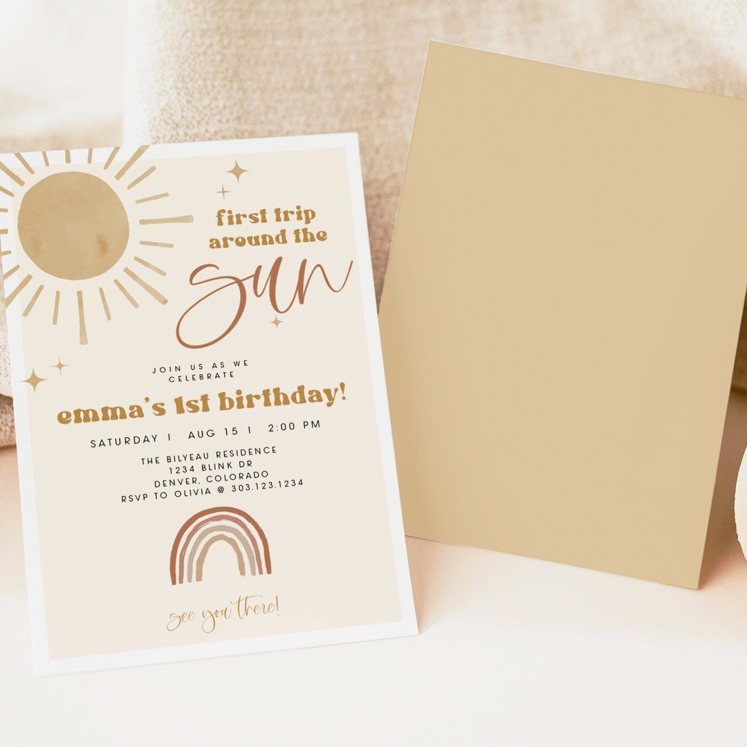 BODHI First Trip Around the Sun Boho Sunshine & Rainbow First Birthday Party Invitation