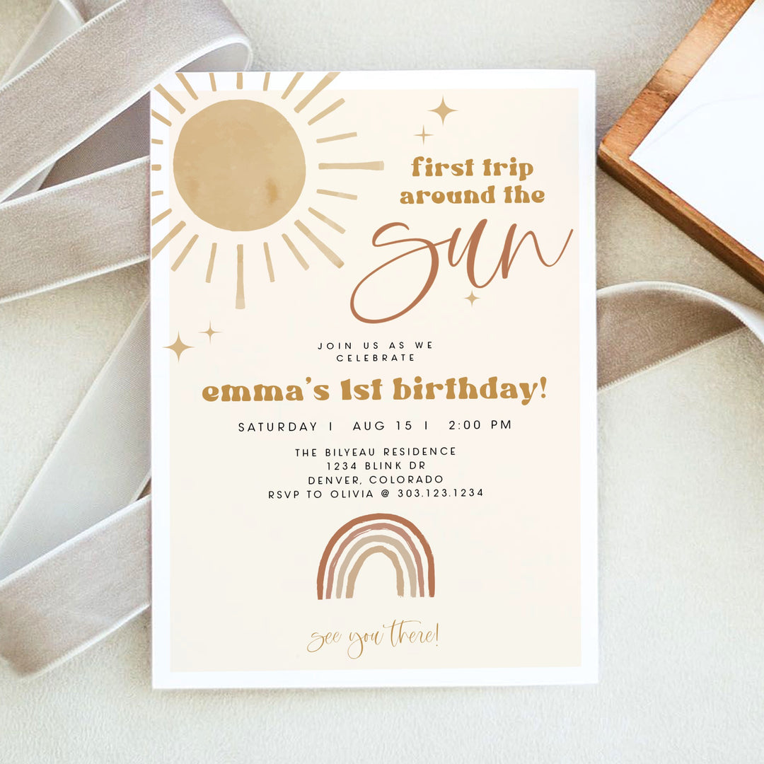 BODHI First Trip Around the Sun Boho Sunshine & Rainbow First Birthday Party Invitation